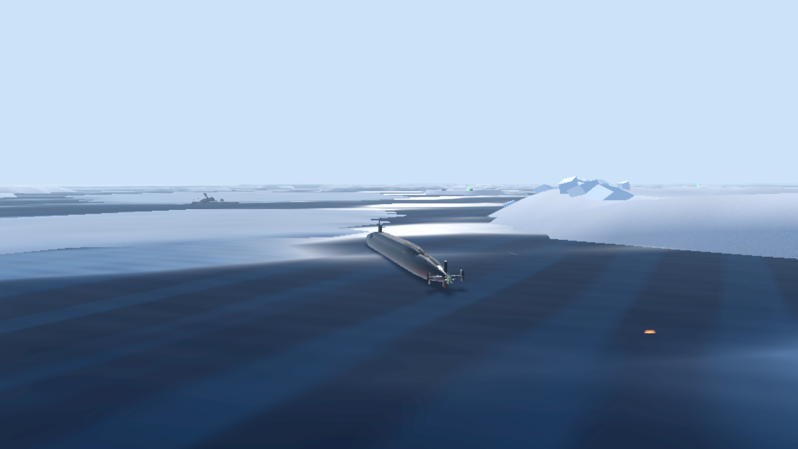 A ballistic-missile submarine surfaced in a lead, making way, with broken ice around her