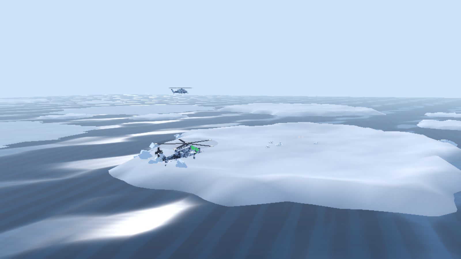 A pair of helicopters holding over a floe with a forward base on it