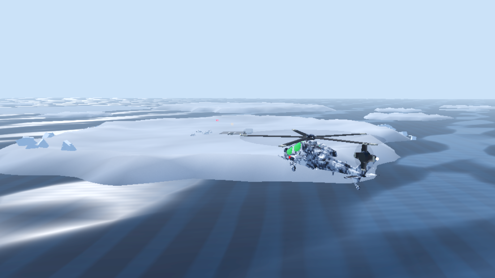 An attack helicopter in arctic camouflage low over a lead of open water between two floes