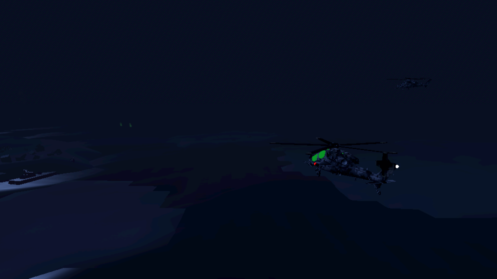Two helicopters over the pack at night, lit only by their own cockpit glass and navigation lights